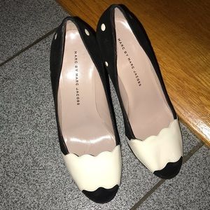 White Patent Leather Suede Polka Dot Peep Pumps